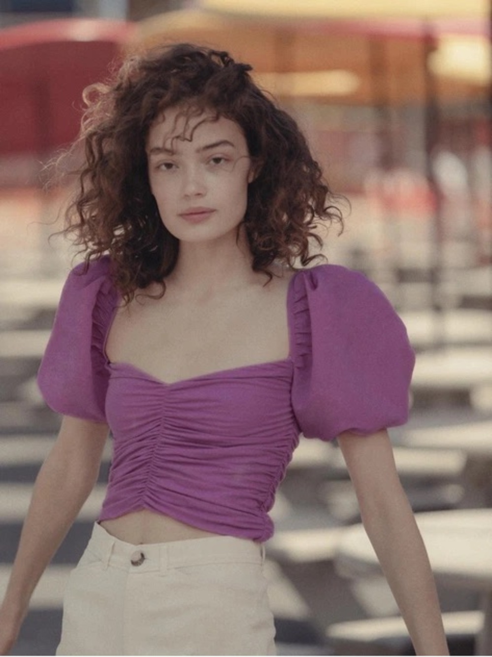 ZARA Pink lavender Puff Sleeve Ruched Crop Top